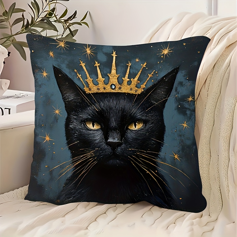 E-shop Vintage Schwarze Katze mit Goldener Krone und Sternen 18X18 Zoll Weicher Plüsch Polyester Kissenbezug - Maschinenwaschbar, Reißverschluss,