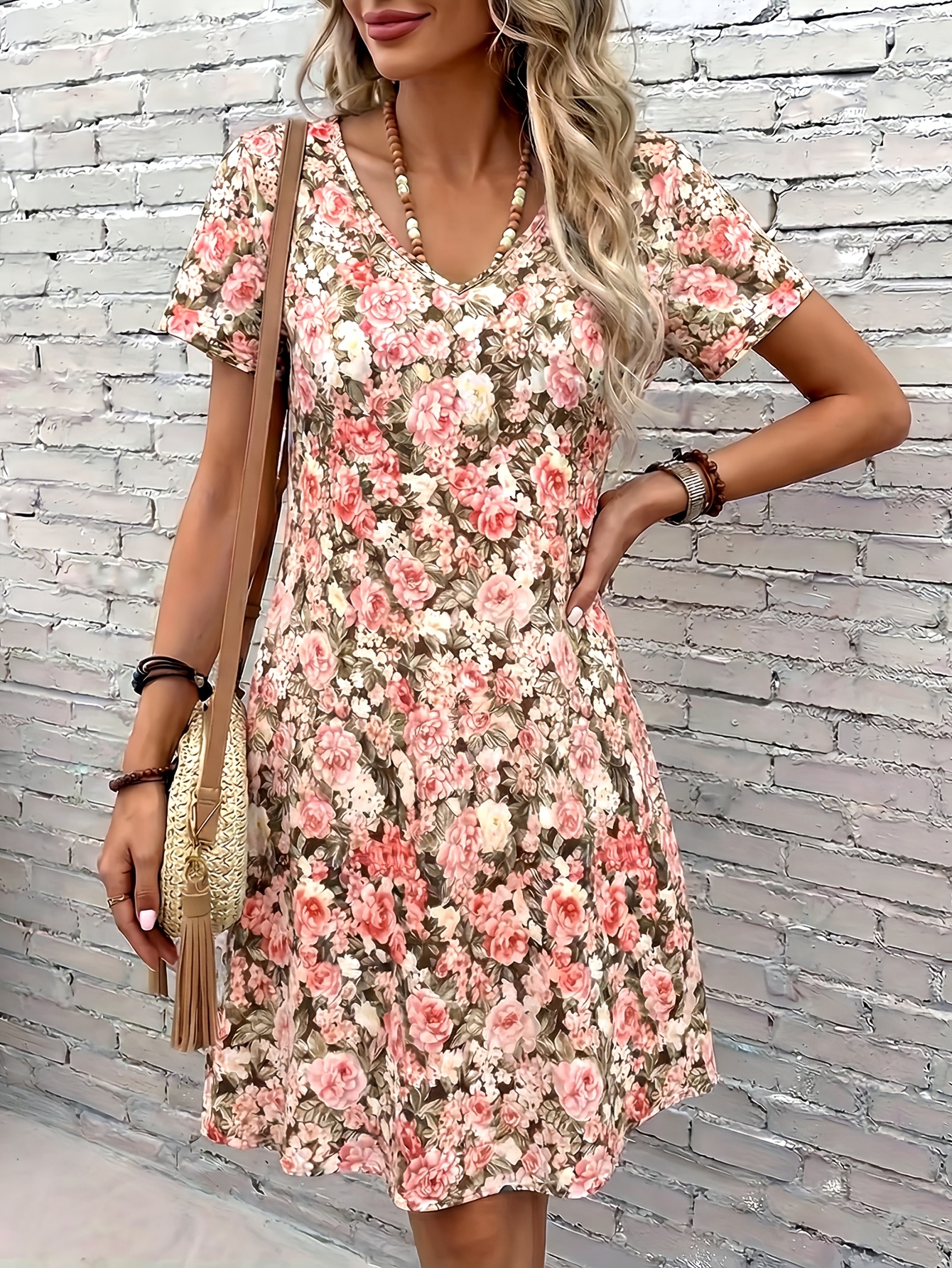 Women's Lightweight Floral Print V-Neck Midi Dress - Summer Casual Vacation  Dress with * & Green Leaves, Breathable Polyester Blend, Machine Washable,  Fitted Silhouette for Outdoor * & Beach * Beach ...