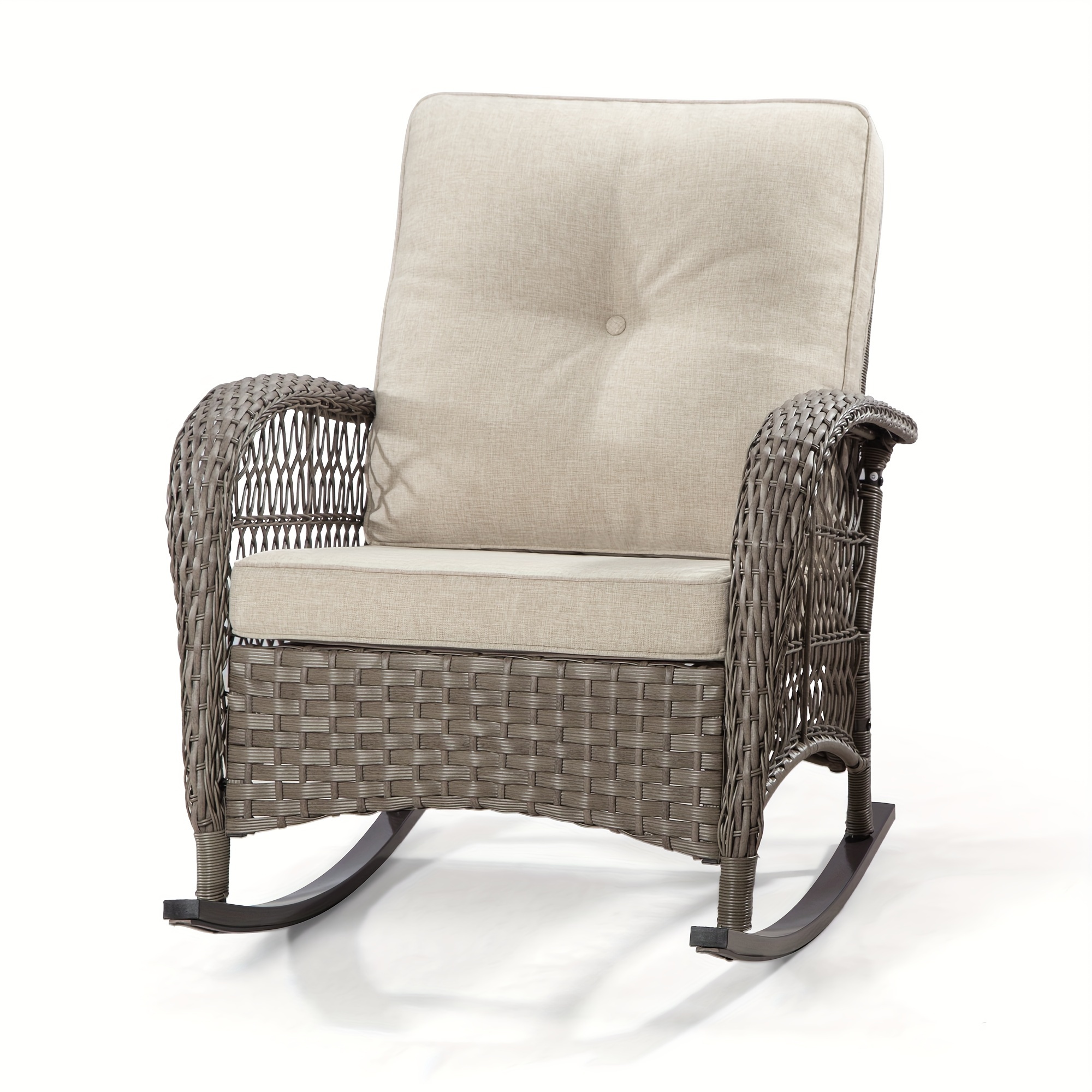 

Elegant Wicker Outdoor Rocking Chair With Beige Upholstery - Metal Frame, Safe Rocking Design For Patio & Garden, Brown/beige