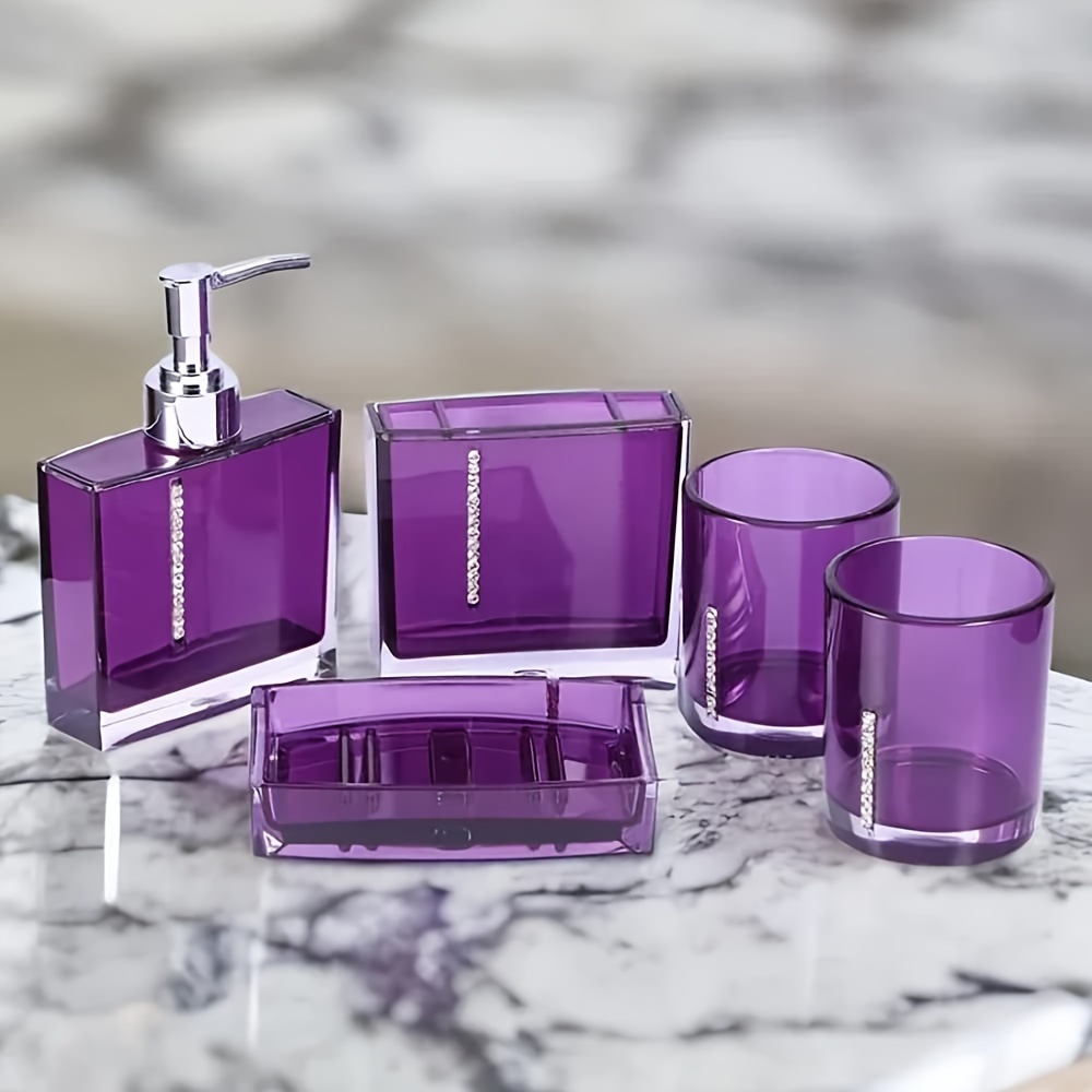 

5pcs Purple Bathroom Accessory Set, Acrylic Bathroom Decor Sets Accessories, Square Purple Bathroom Sink, With Emulsion Bottle Tooth Brush Holder Soap Dish Gargle Cup For Home Hotel Travel