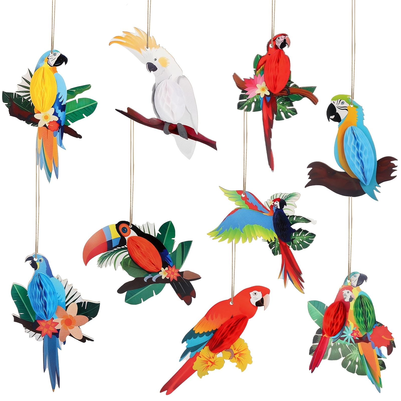 Image of Set Of 9 Tropical Bird Decorations, Decor, Jungle-themed Birds, Hanging Parrot Ornaments, Decorative Parrots, Summer Tropical Party, Hawaii, Jungle, Garden Party