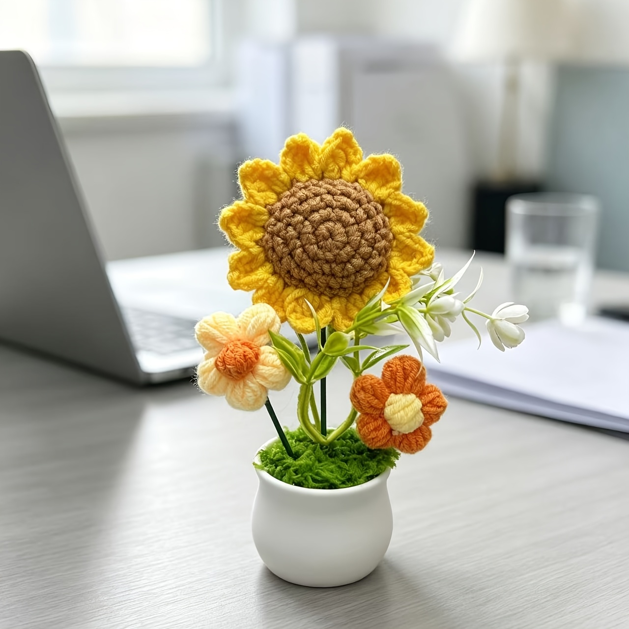 TEMU Ornement de pot de bohème crocheté à , mini pot de fleurs éternel en fil tricoté à , décoration de bureau esthétique pour chambre à coucher,