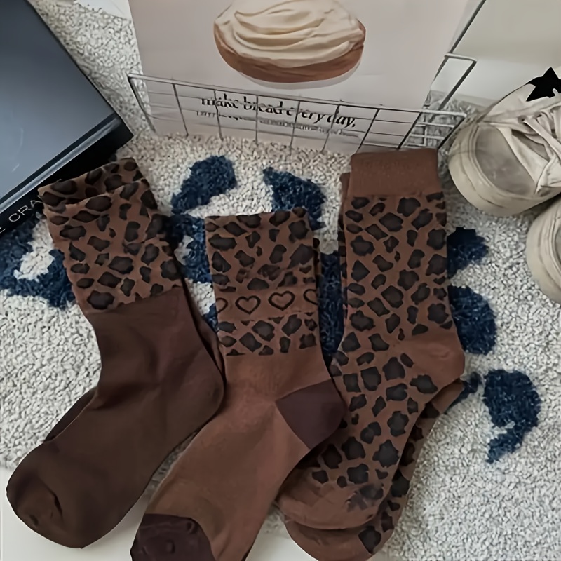 

3 Pairs Women's Mid-calf Socks, Leopard Print, Coffee Color, Trendy Autumn/winter, 95% Polyester 5% Spandex, Knit Fabric, 300g/m², Machine Washable