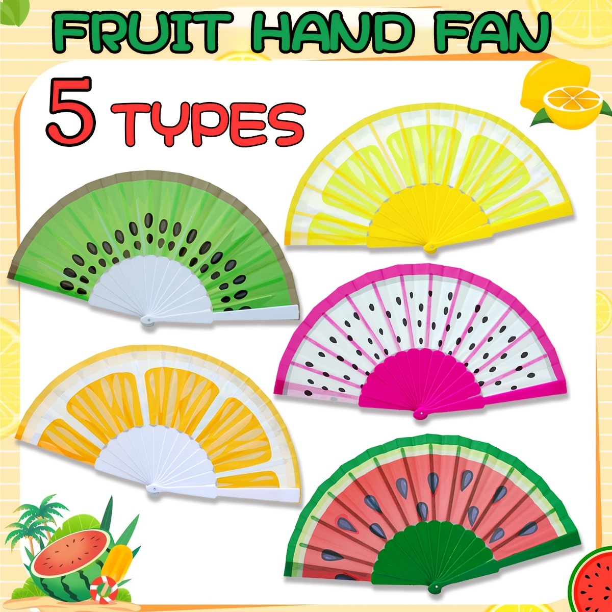 Image of 1pc/5pcs Foldable Hand Fans, Fruit Series Handheld Folding Fans, Featuring Fruit Pattern Designs, Suitable For Summer Activities, Outdoor Travel, Festival Parties Decoration, And Game Items.