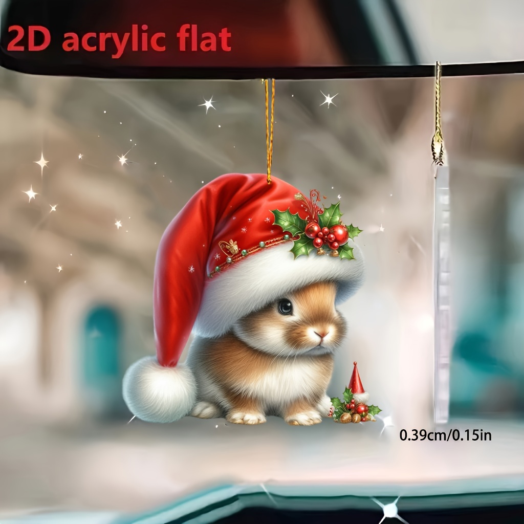 

Christmas Bunny Acrylic Hanging Ornament - Festive Rabbit Car Mirror Decoration, Home & Garden Charm, Multipurpose Keychain Accessory, Ideal Holiday Gift