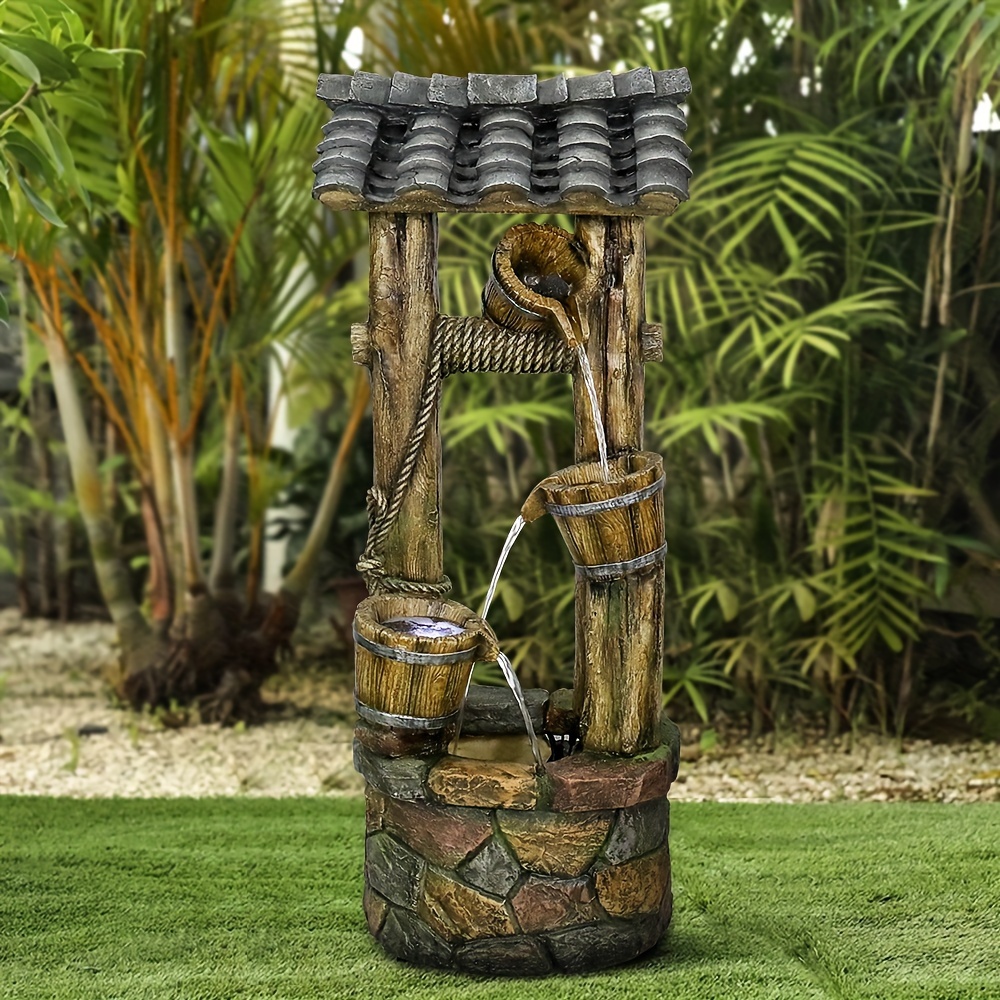 

Rustic Water Fountain - 39.3"h Outdoor Cascading Fountain With Buckets, Pump, And Lights For Garden Patio Decoration