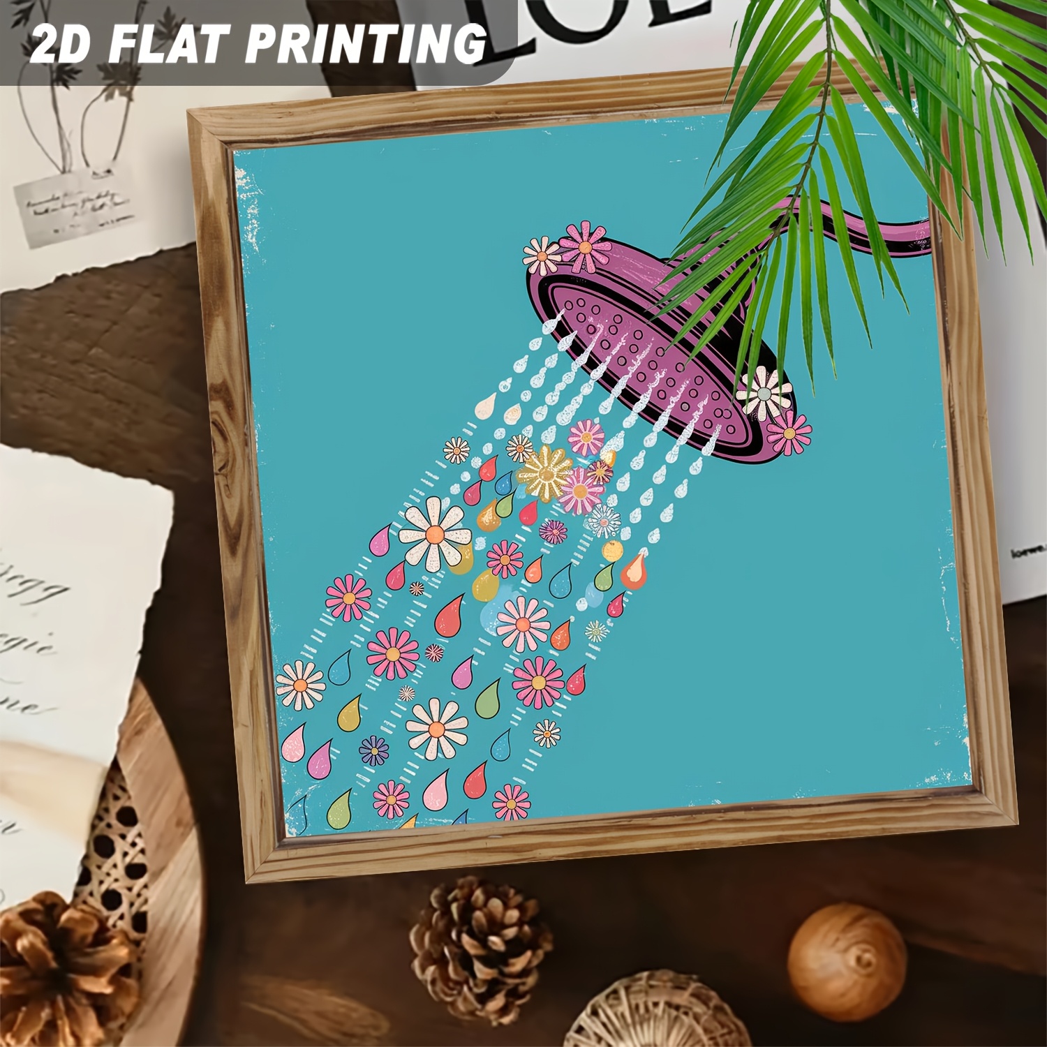TEMU 2d Flat, 2d Flat 1pc,wooden Framed Sign,shower Head With Colorful Flowers And ,vintage For Bathroom,bedroom,living Room Decorative Signs &