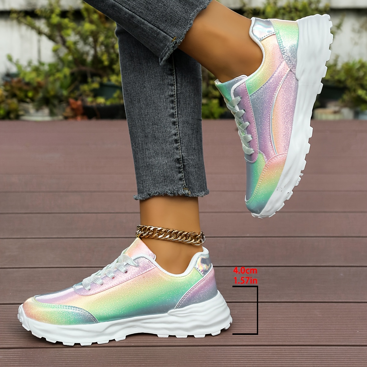 Pair Women'S Glittery Rainbow Sneakers Low Top Casual Lace-Up Shoes  with Lightweight EVA Sole Fabric Inner Fashionable So
