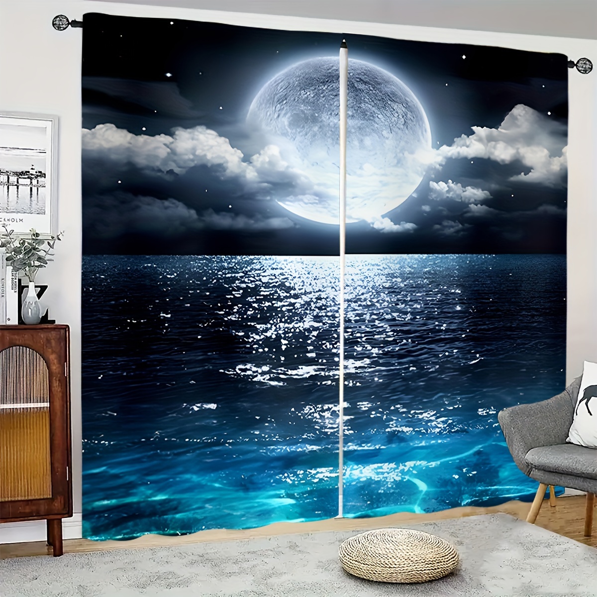 

2pcs Moon Background Printed Curtains, , Moon Curtains, Rod Pocket Mounting, Suitable For Living Room, Kitchen, Bedroom, Study, Dining Room, Home Decor