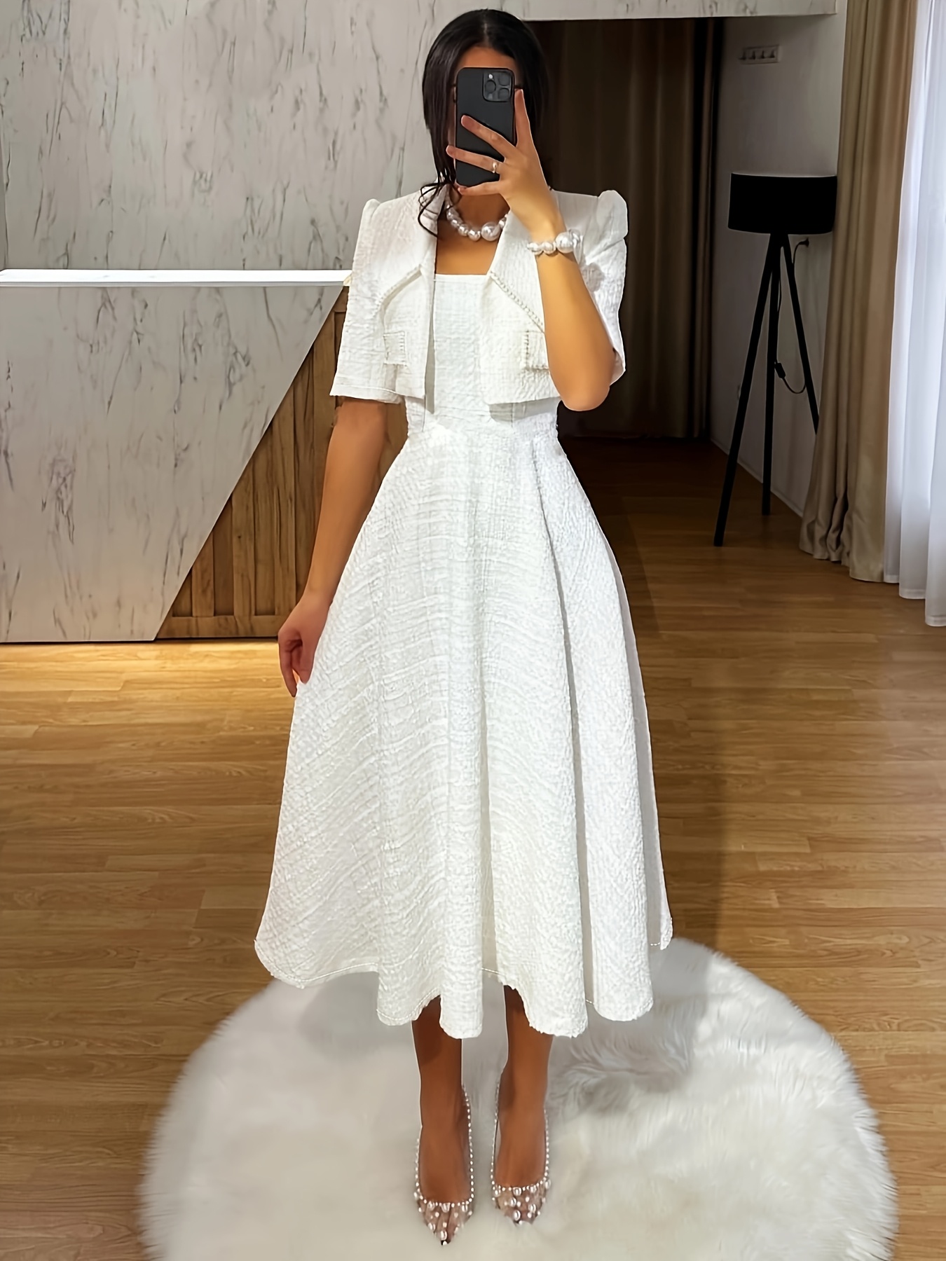 elegant two piece outfit women chic shoulder jacket dress Temu