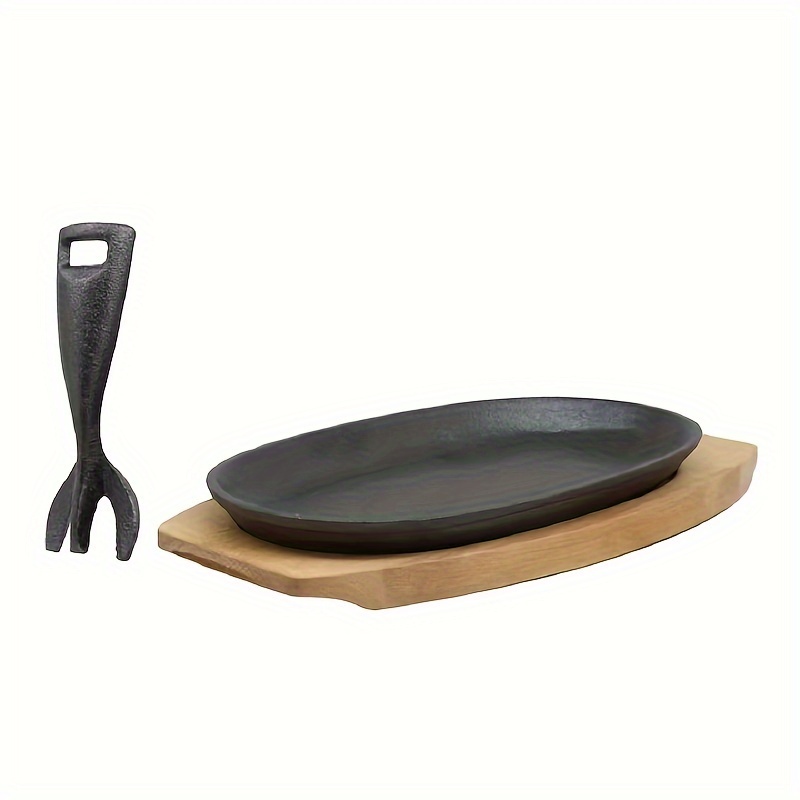 cast   set oval non stick frying pan with wooden base and iron fork for steak griddle cooking   thickened for home use details 5