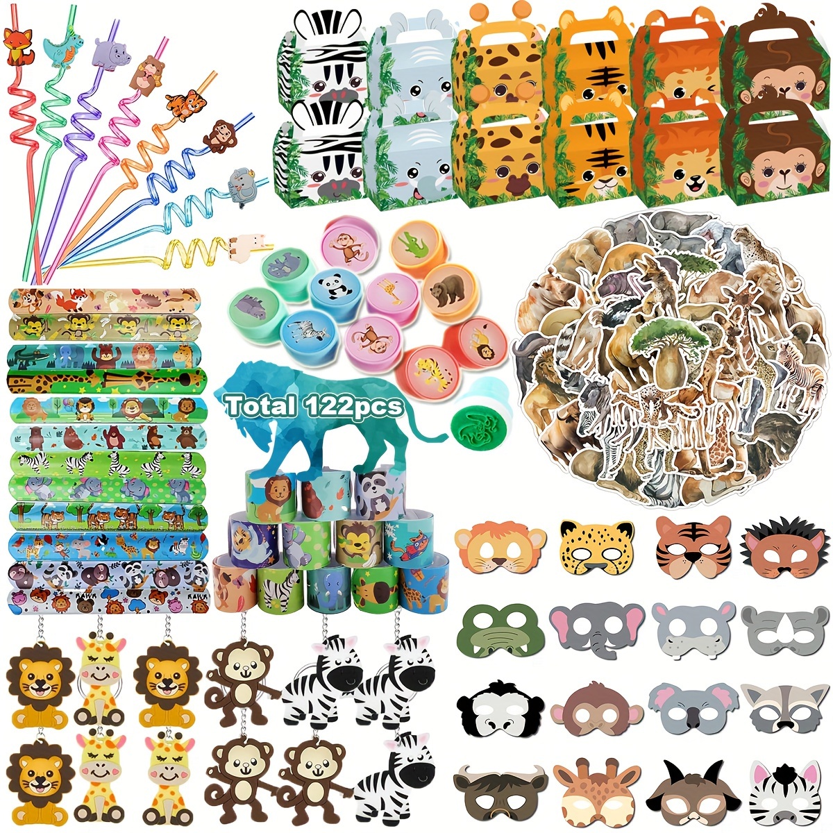 

122 Pcs, Jungle Animal Theme Party Supplies, Animal Theme Birthday Party Favor Bags, Party Celebration Favor Bags, School Classroom Student Prizes, Birthday Treat Gifts
