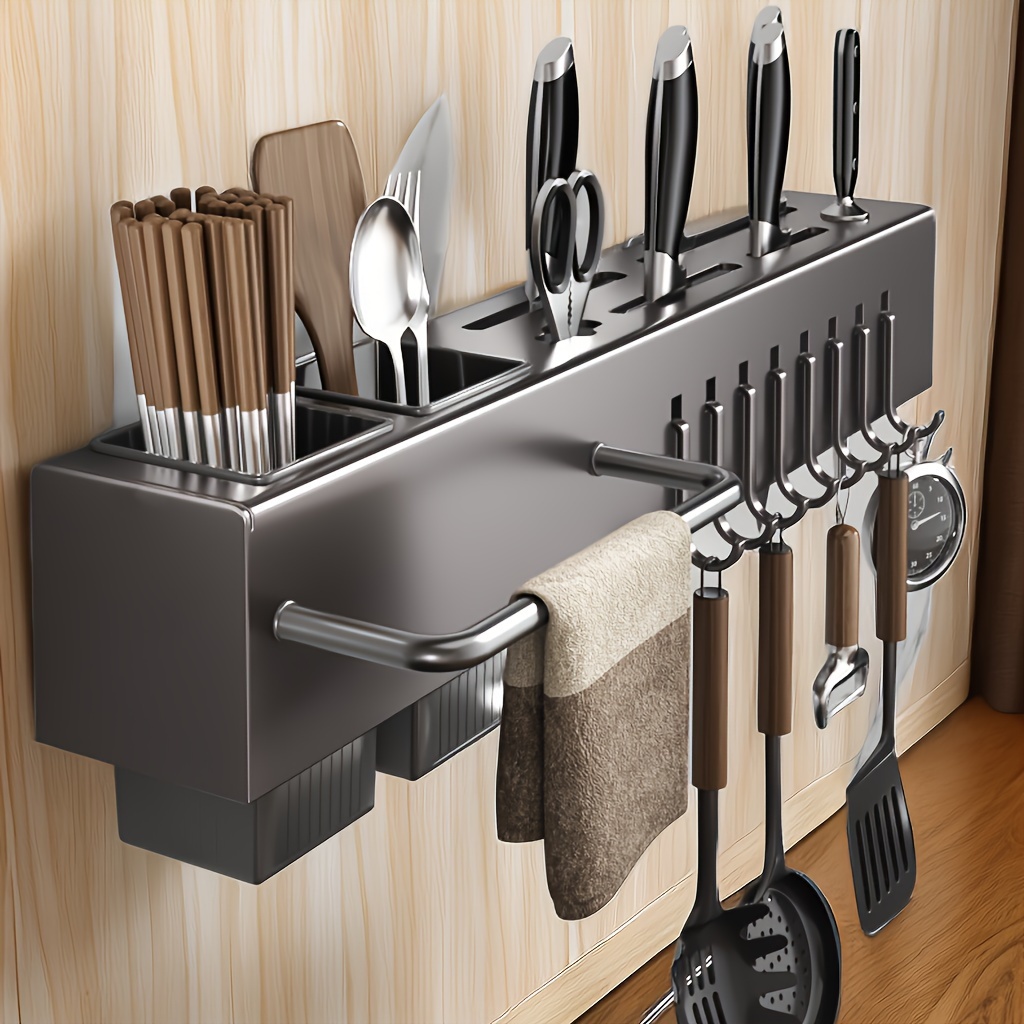 

Stainless Steel Wall-mounted Knife & Utensil Holder With Hooks - Multifunctional Kitchen Organizer For Chopsticks, Spoons, And More