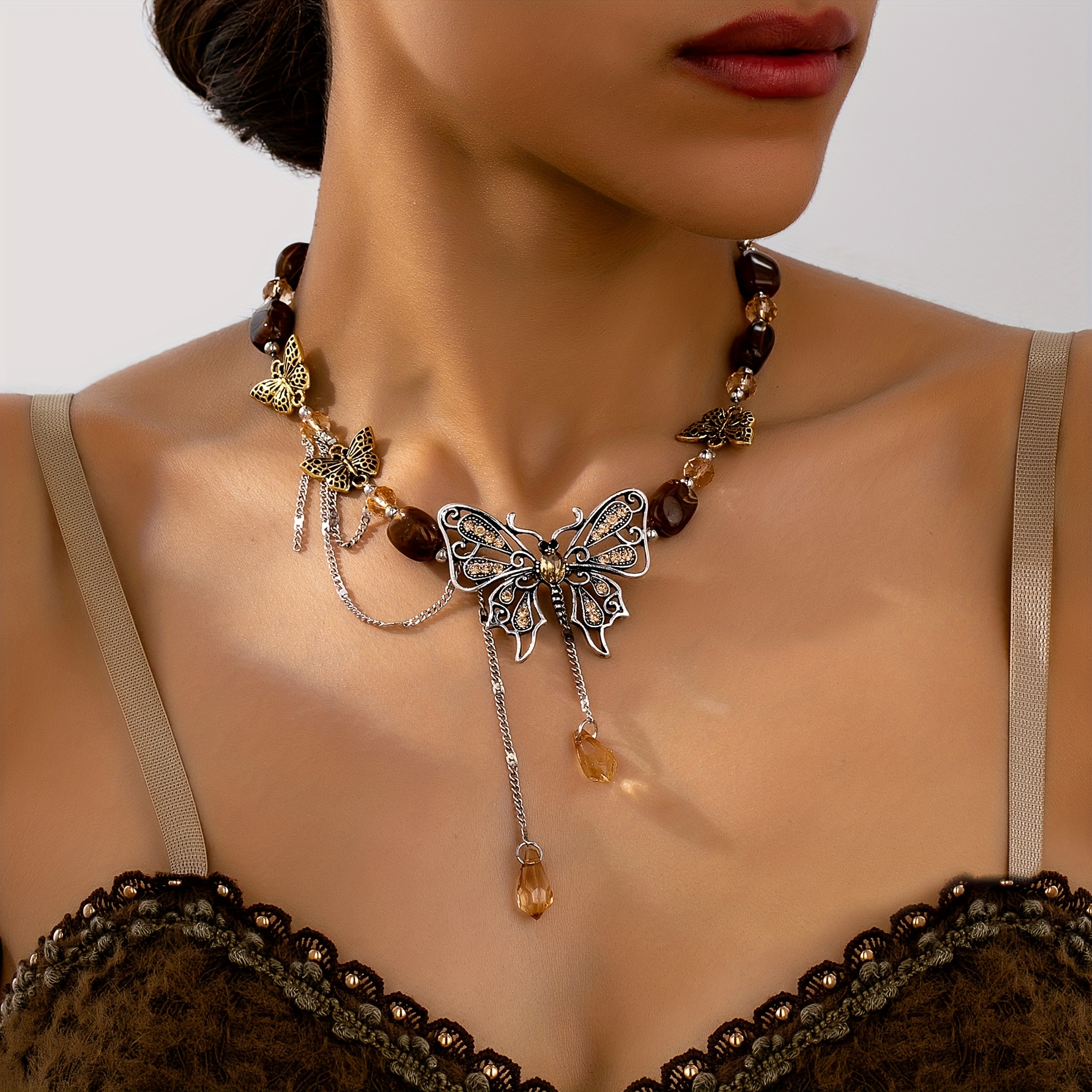 Image of 1pc Vintage Style Bohemian Tassel Necklace, Hollow Bead Pendant, Elegant Temperament Women's Fashion Jewelry
