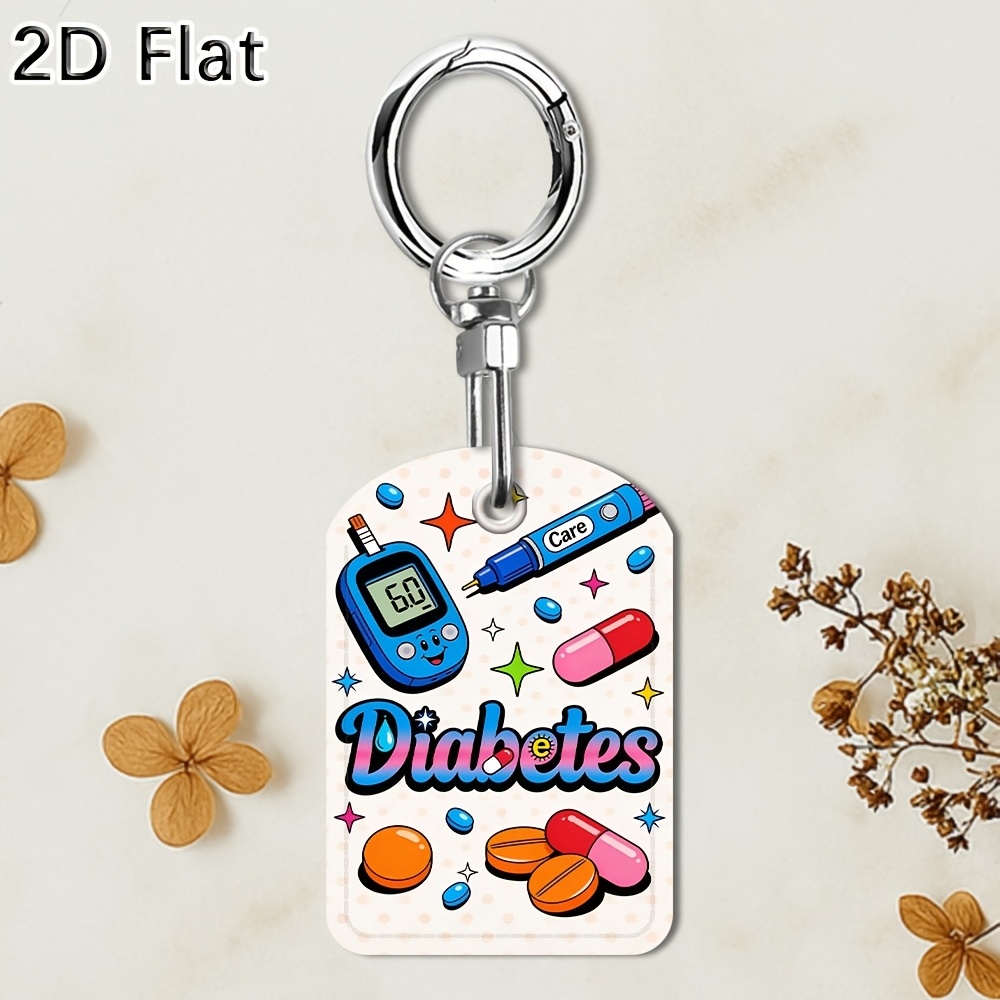 TEMU 2d Flat, 1pc 2d Flat Double Sided Printed Keychain Key Ring With Theme Pattern, Featuring Blood Meter, Pills And Colorful Decorative Elements,