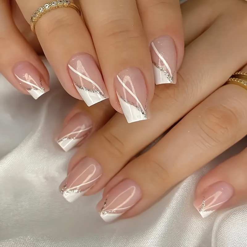 24pcs Short Ballet Press-on Nails, Nude Shimmer And White , Soft Minimalist Style, Accessory Nail File, Gel