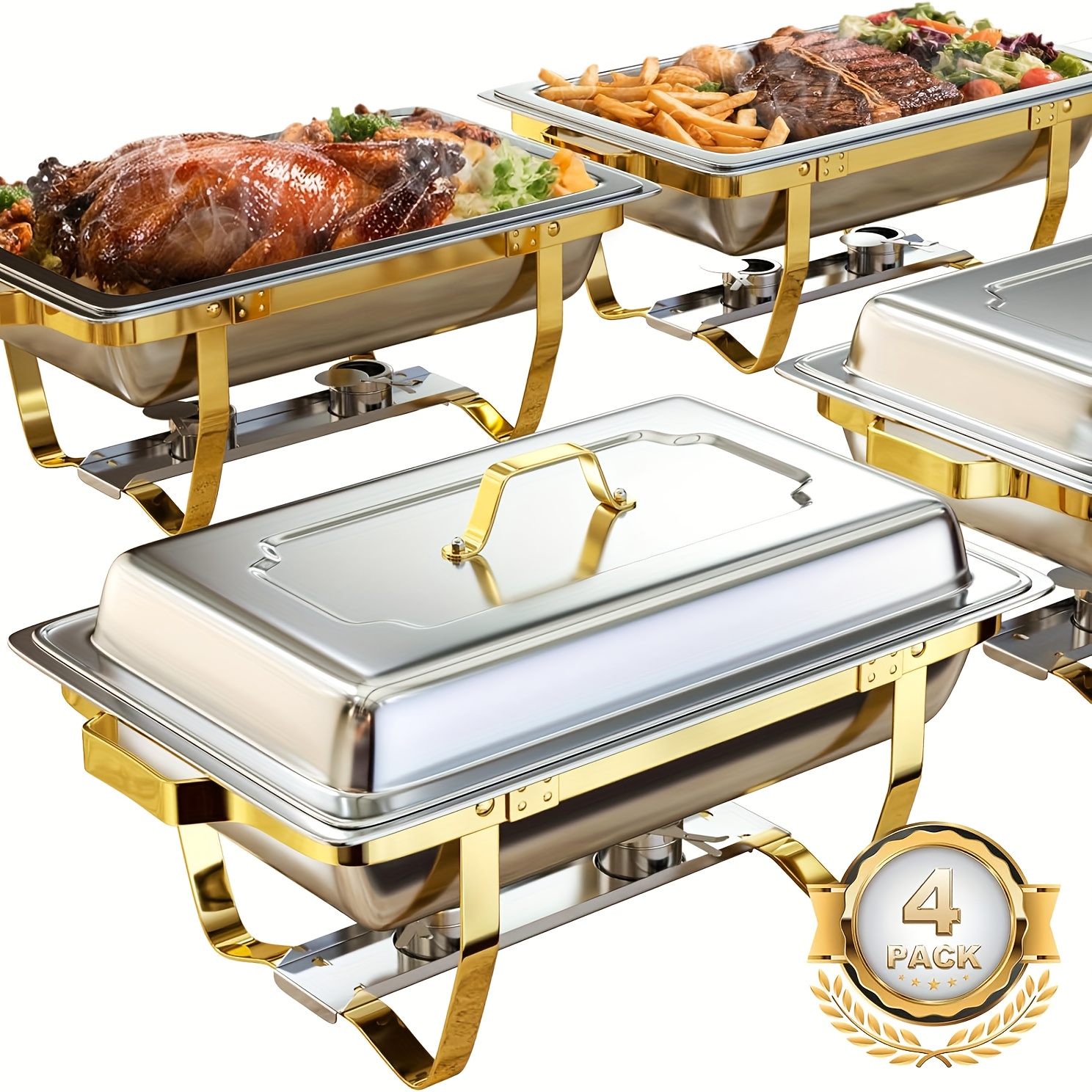 Golden Chafing Dish Buffet Set, 8qt Chafing Dishes For Buffet, Chafers And Buffet Warmers Sets For Wedding, Rolled-, Cooking