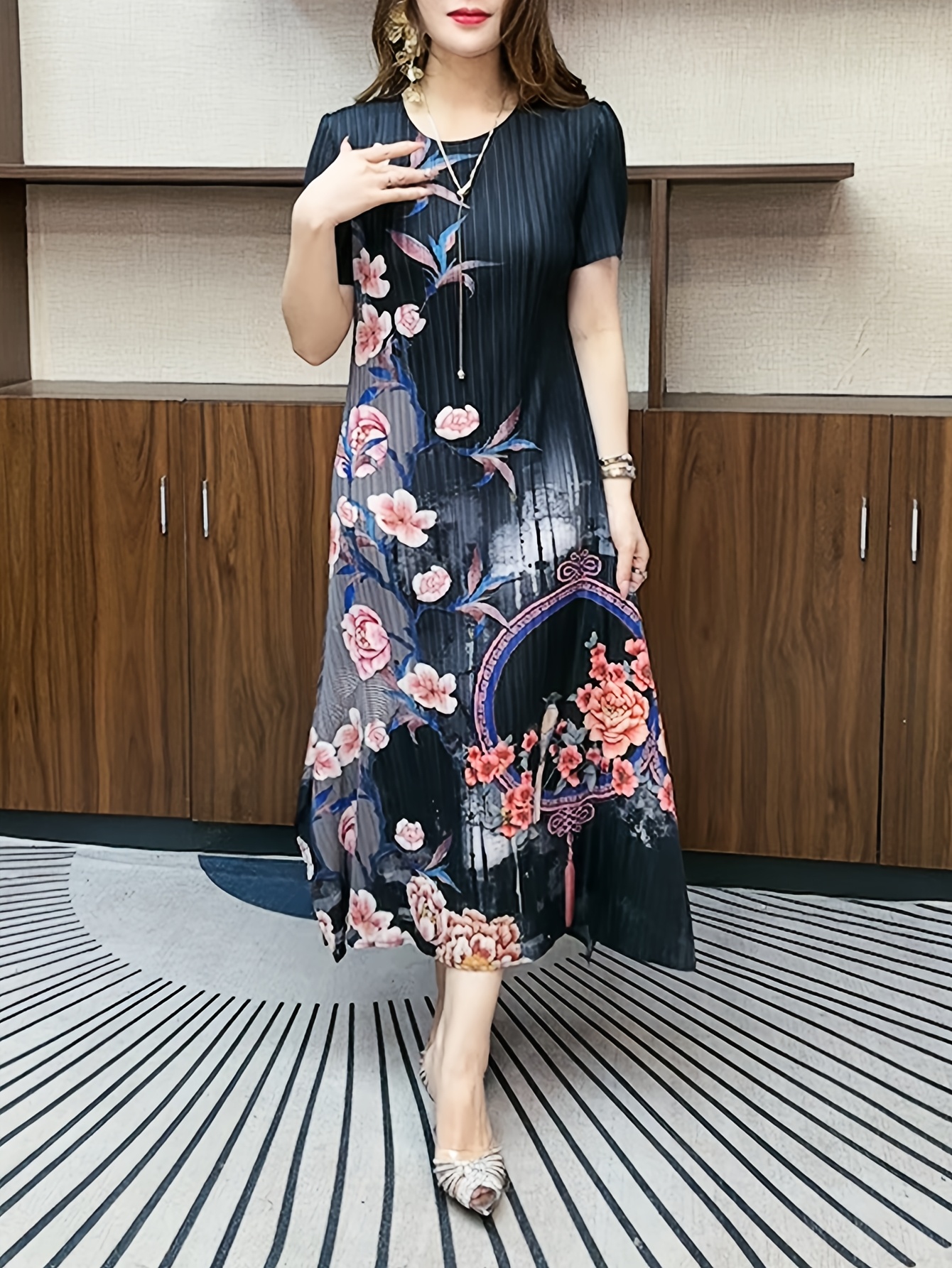 knee length dresses for ladies Anais Artistic Floral Print Pleated Midi Dress – Shop Beulah Style