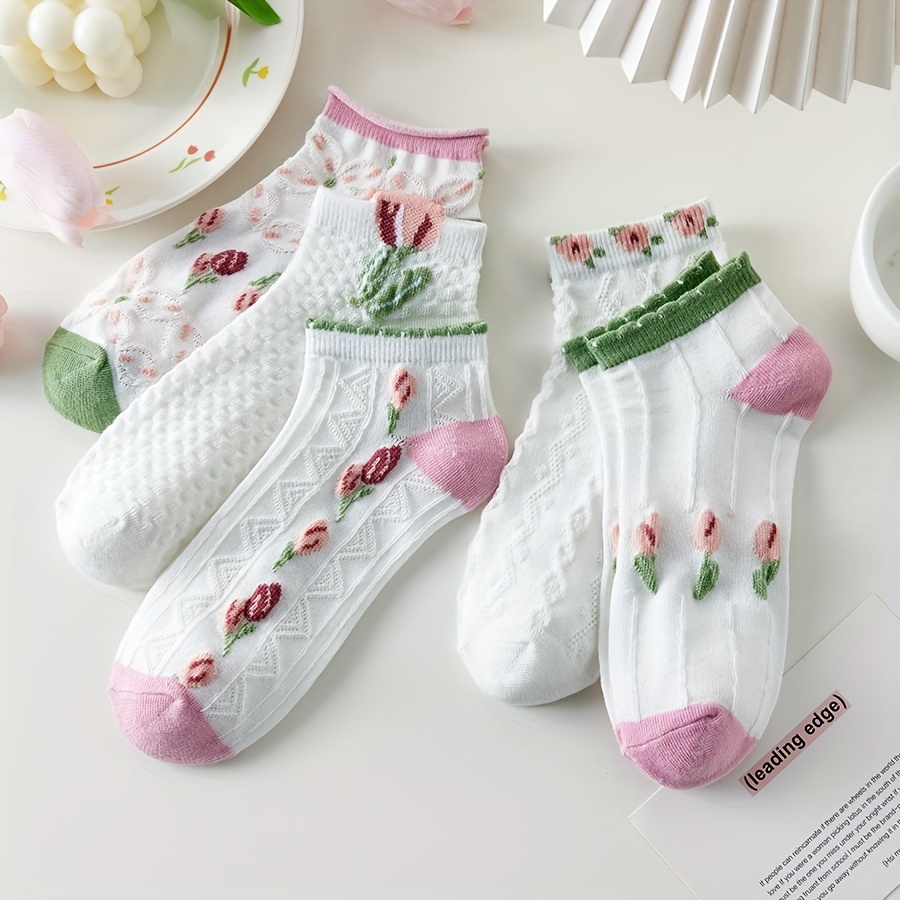 

5 Pairs Floral Pattern Socks, Cute & Sweet Low Cut Ankle Socks, Women's Stockings & Hosiery