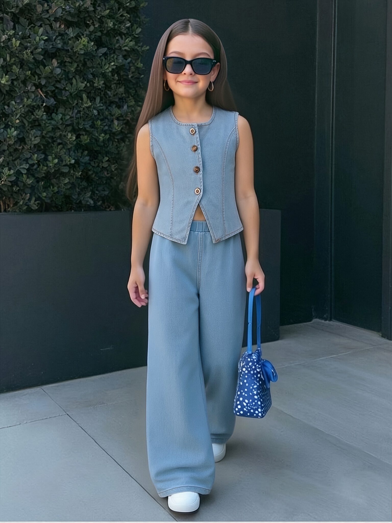 Big Girl Fashion Regular Crew Neck Solid Color Button-Up Sleeveless Hem Irregular Design Denim Top And Loose Solid Color Denim Straight Wide Leg Pants Trousers Length Ankle Length Spring Summer Casual Girls' Denim Two-Piece Set, for Outdoor