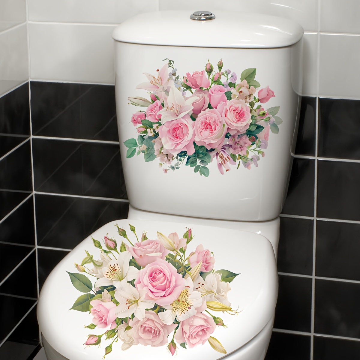 

2pcs Floral Toilet Stickers, Self-adhesive Pvc Bathroom Decals, Waterproof Ceramic Surface Wall Decor, Semi-matte Irregular Shape, Single Use