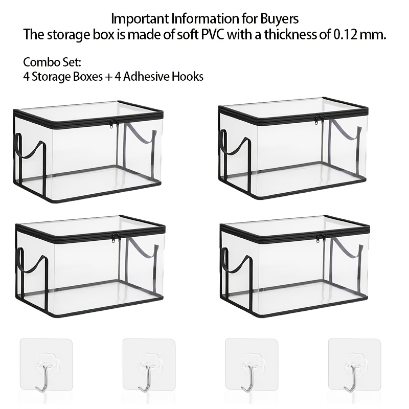TEMU [covered Storage Box] 8pcs Set, 4pcs Large Transparent Thickened Plastic Storage Boxes And 4pcs Transparent Hooks, (with Hooks And Lids) Large