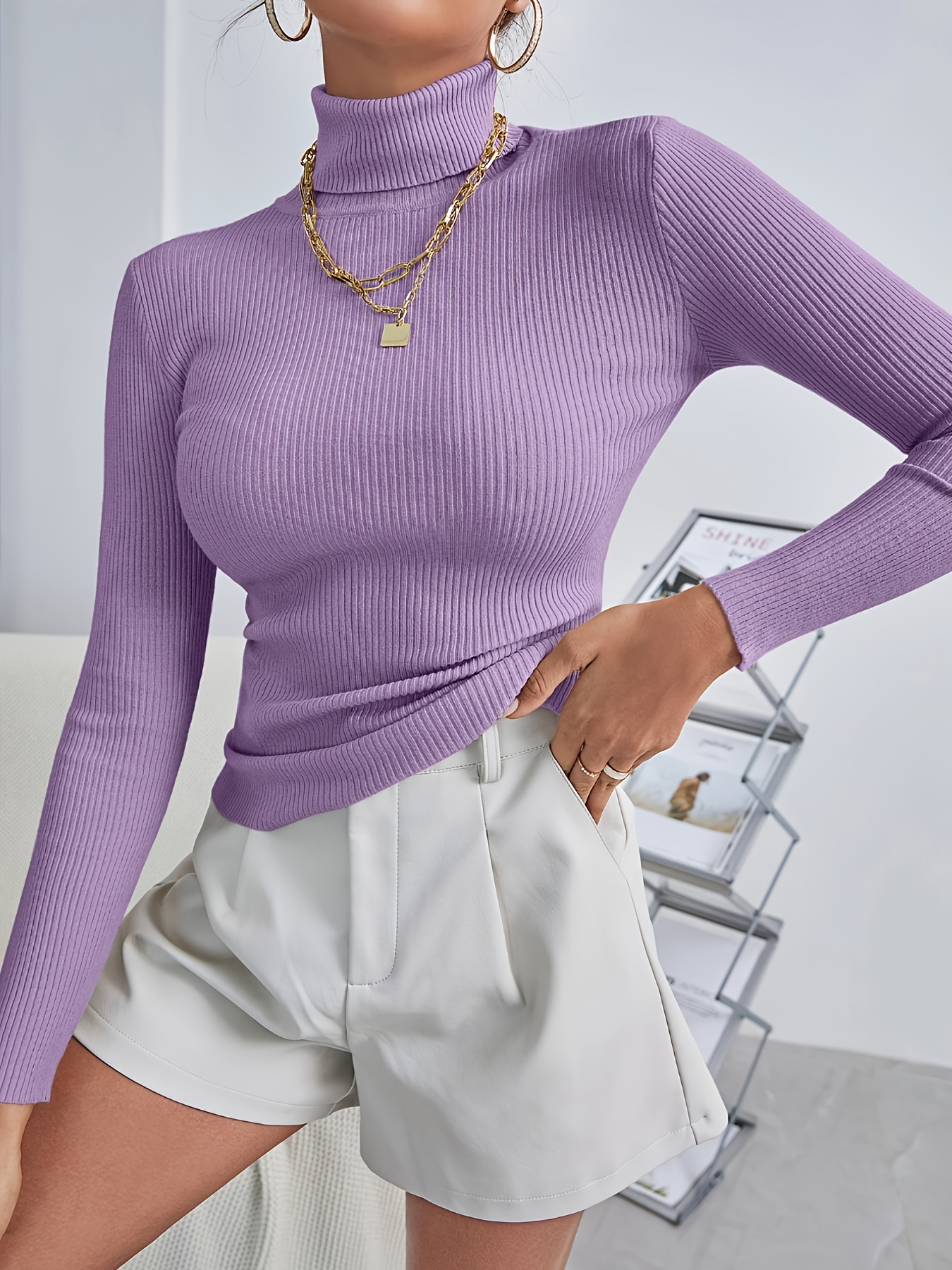 high neck sweater stretchy   ribbed pullover solid color elegant tunic top suitable for casual to formal wear dry   blouse compatible   orders high   sweater