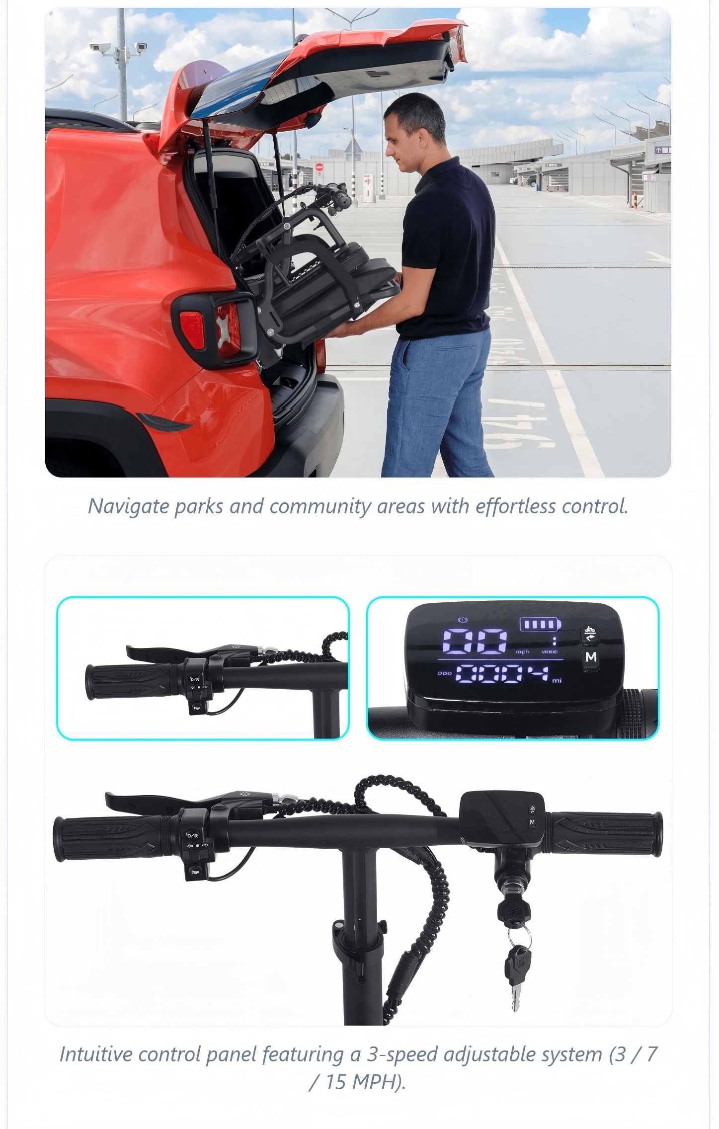 3 wheel electric scooter for seniors, 500w dual motor lightweight folding mobility trike, 300 lbs capacity, airline approved removable battery for travel Product details 2