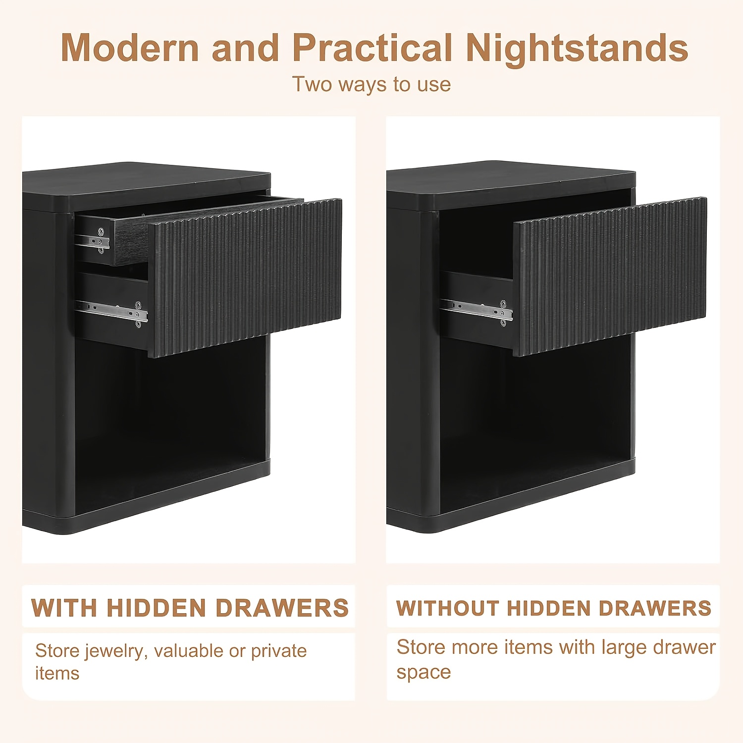 Modern Space-Saving Nightstand with Hidden Drawers & Open Shelf - Curved Bedside Table Suitable for Small Bedrooms, Freestanding Assembly Required Bedside with Concealed Drawers and Open Shelves for Narrow Spaces