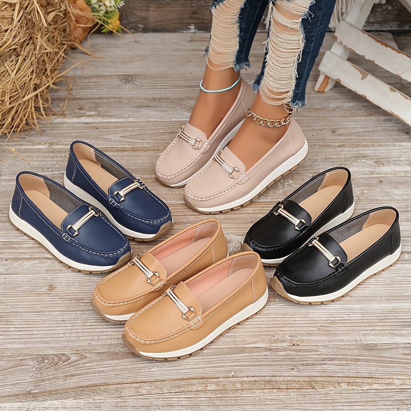 Women's Slip-On Loafers Lightweight Casual Cover Shoes with TPR Sole,  Round Toe for Autumn, Navy/Beige/Black, Comfy Shoes, Autumn Footwear,