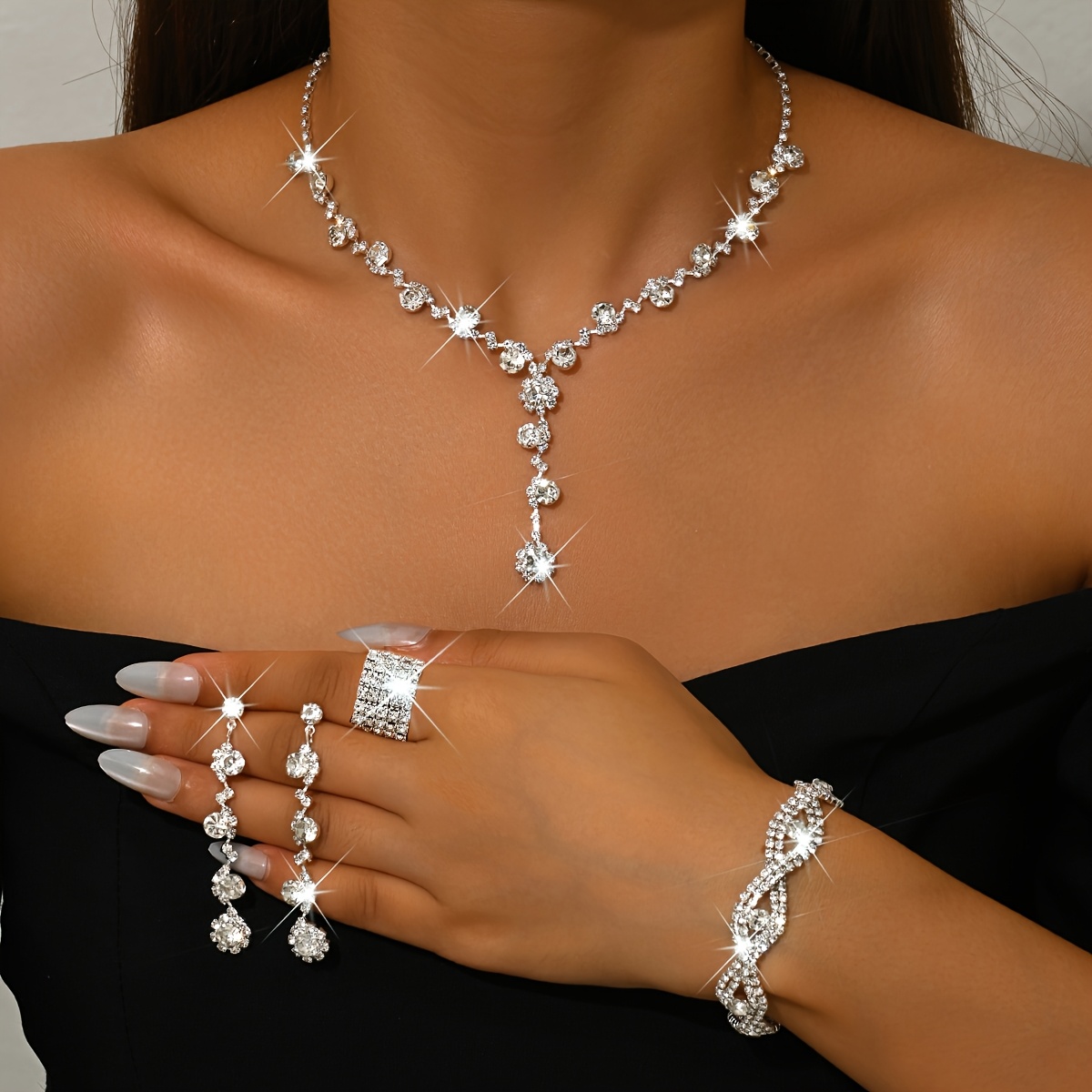 TEMU 4pcs Fashion Rhinestone Jewelry Set: Necklace, Earrings, Bracelet, And Ring, Suitable For Weddings, Parties, And