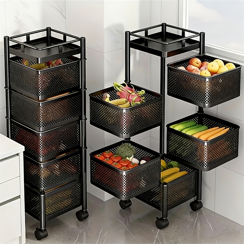 Rotating Kitchen Storage Shelf 5 Tier, Metal Fruit Vegetable Storage Basket Multi-Layer Vegetable Rack Storage Trolley on Wheels, Floor-Standing Basket for Kitchen Bathroom, Square