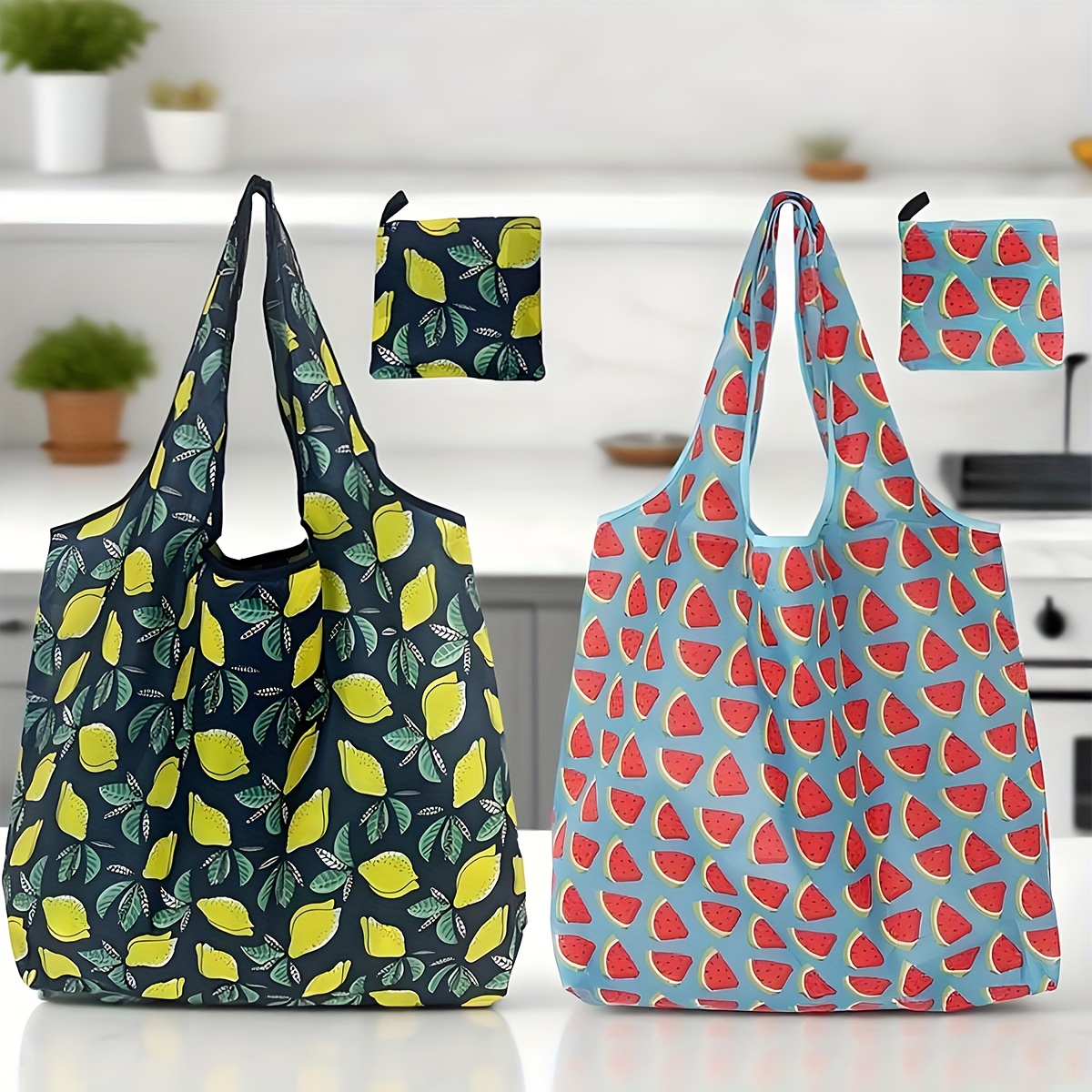 TEMU 2pcs Reusable Foldable Lightweight Machine-washable Polyester Tote Bags - Vibrant Fruit & Large Capacity High- Bags For Women, Outdoor Travel,