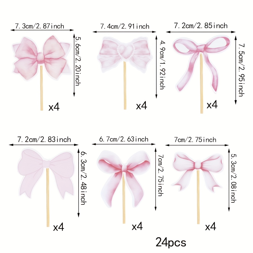 Image of 24 Pink Bow Cupcake Decorations - Pink Decorations For Birthdays, Bow Cupcake Decorations, Suitable For Bow-themed Party Decorations For Bachelorette, Bride, Engagement, And Wedding Parties