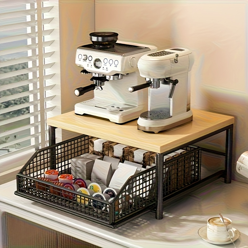 schwerlast-ausziehregal | robustes metall-zweischicht-  platzsparende küchenarbeitsplatten-organisation mit schubladen metallkörben - ideal für kaffeemaschine, utensilien, gewürze -   schwarz/weiß design, kein   benötigt, langlebige heimorganisation, mikrowellenständer