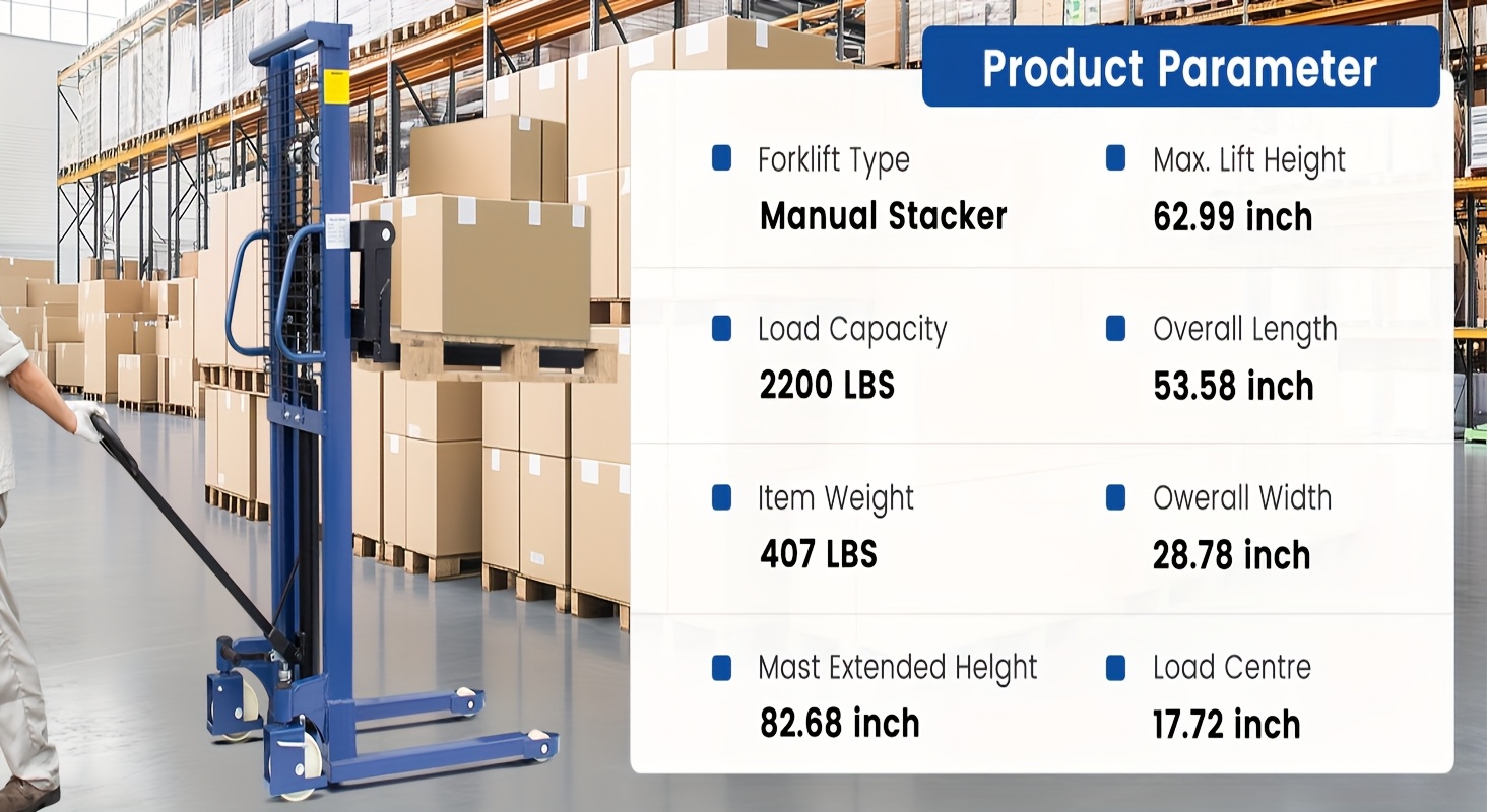 manual hydraulic pallet stacker 2200lbs capacity 63 lift fixed legs Product details 1