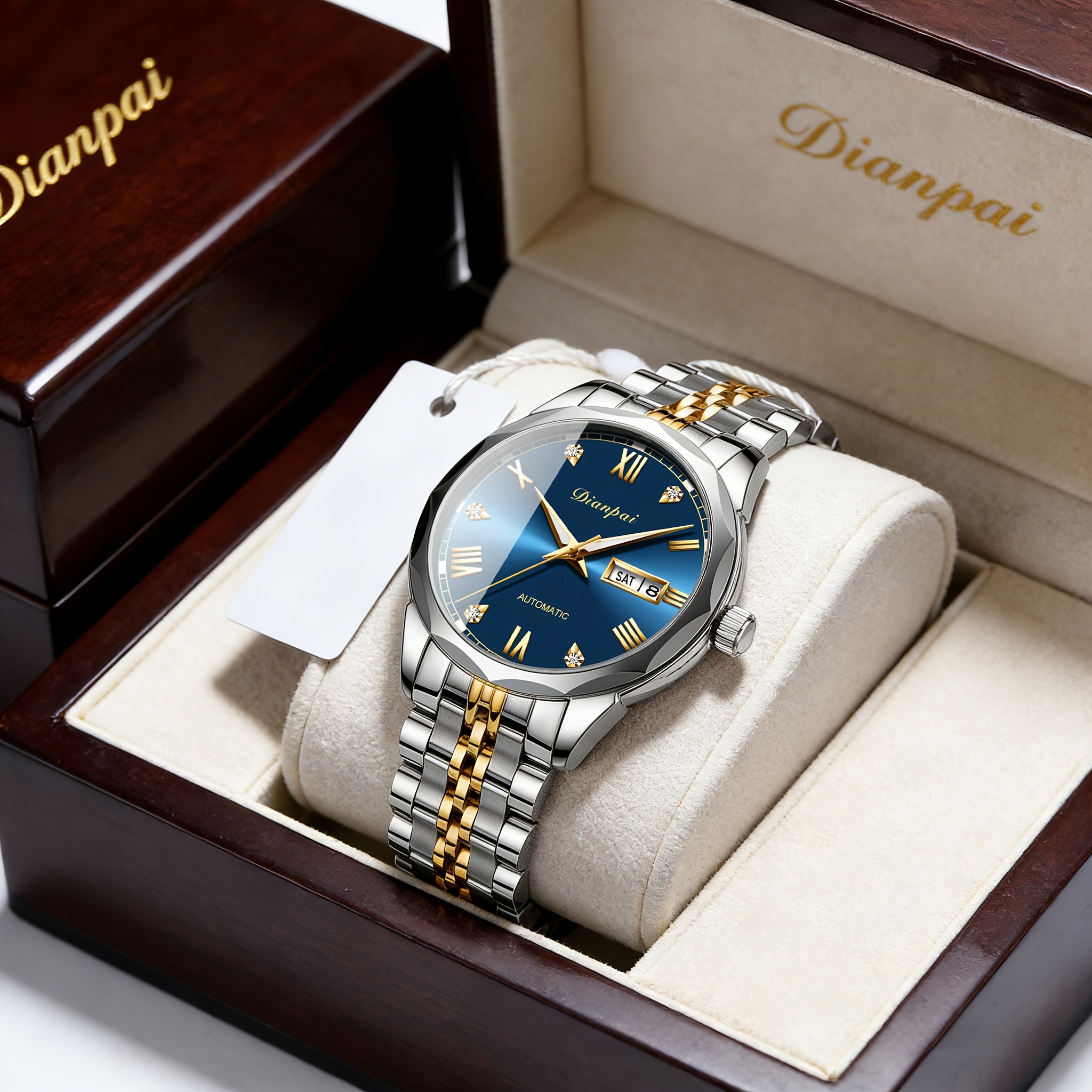 Dianpai Men's Stylish Automatic Mechanical Watch With Stainless Steel Strap And Calendar Week Display - Ideal Business Gift, Without Battery