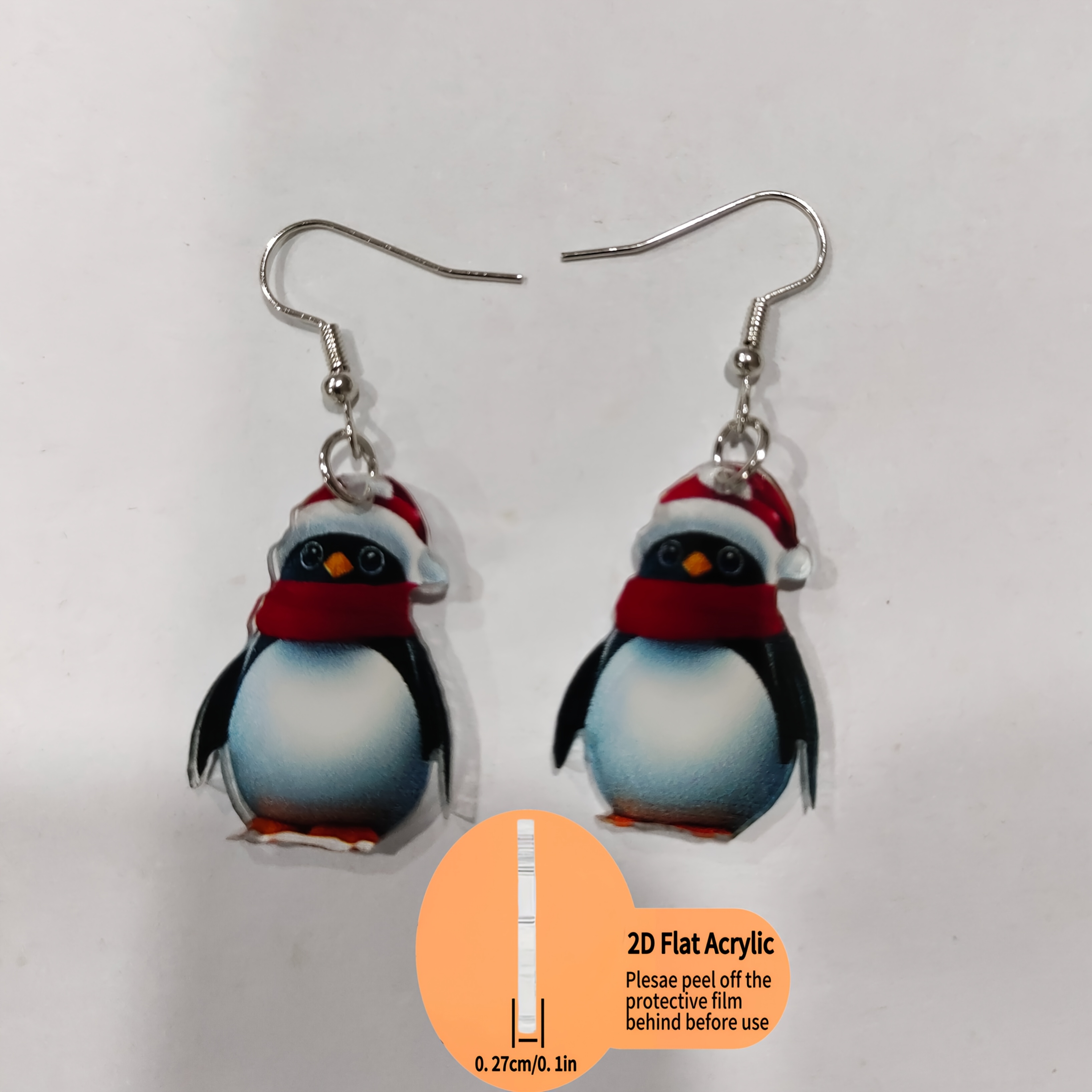 2D Flat Cartoon Penguin Dangle Earrings, Unique Holiday Jewelry