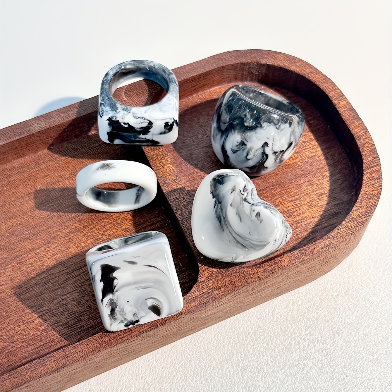 5pcs Resin Ring Set for Women Vintage Ink Pattern No Plating