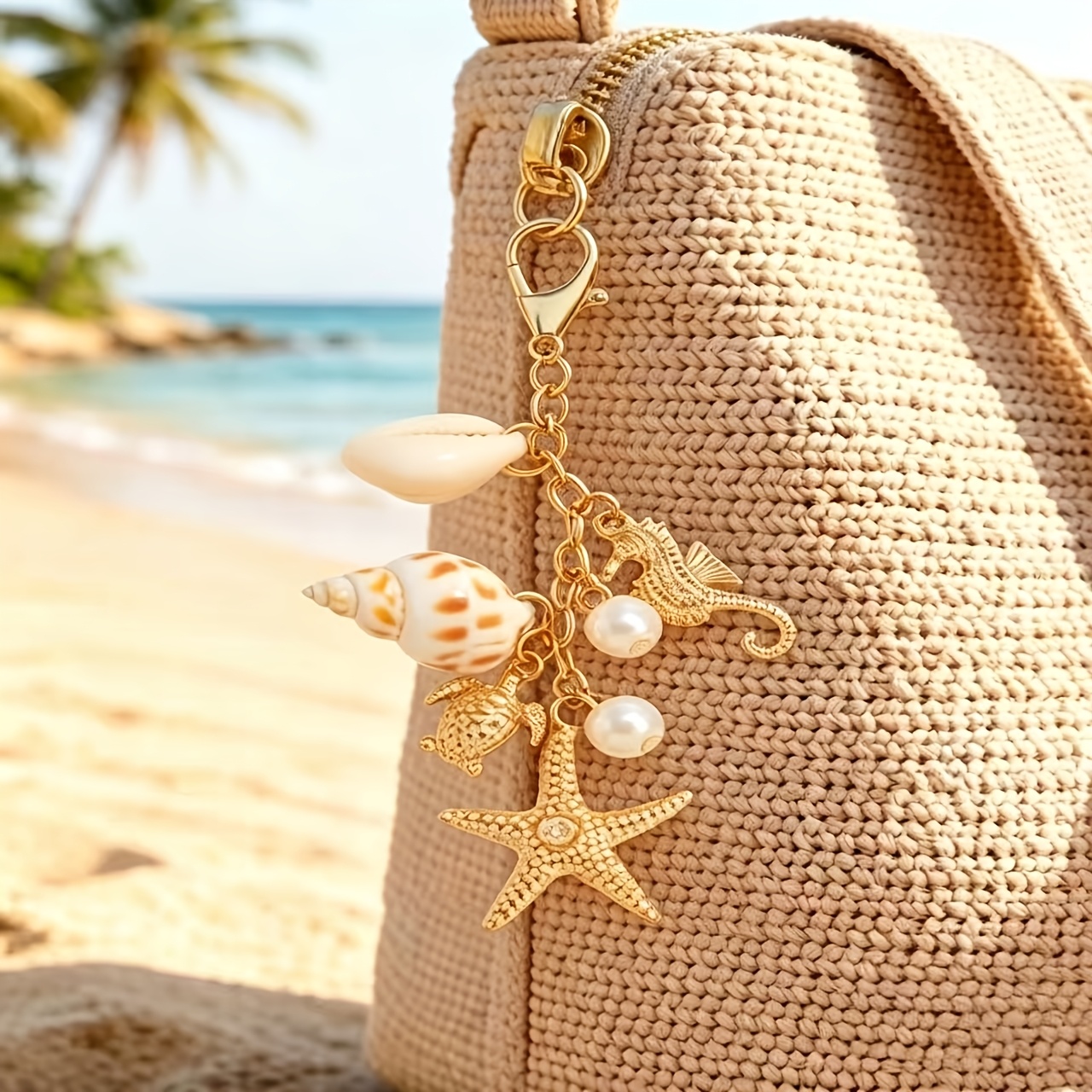 TEMU 1pc Porte-clés en résine nacrée étincelante en de style marin bohème, pendentif de mer en strass, porte-clés, pendentif en résine, breloque de
