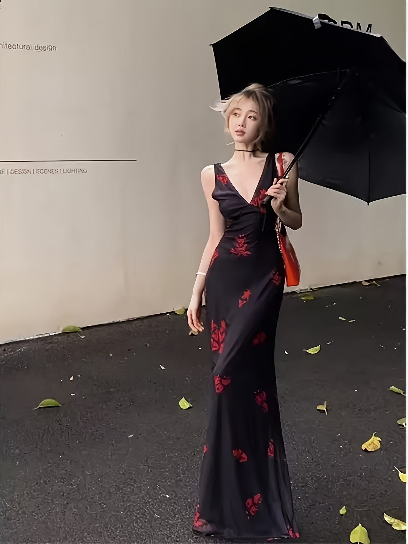 V Neck Black Floral Evening Dress Black A-Line Deep V-Neck Lace