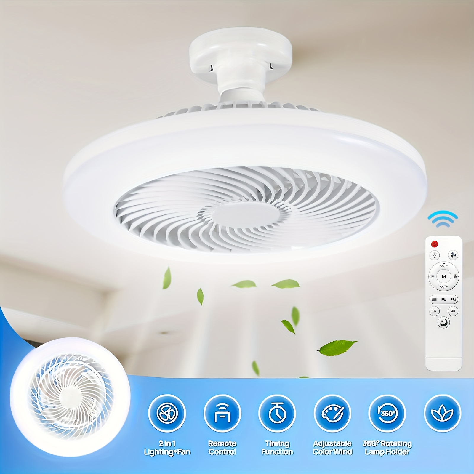 Lámpara de Ventilador de Techo con Casquillo E27/E26, Disponible en Tamaños de 52.07cm y 41.91cm. Incluye Atenuación Remota de 3000K a 6500K, Tres Velocidades de Viento Silenciosas, un Temporizador de 2 o 4 Horas y Fácil Instalación Sin Herramientas, Adecuado para Hogares y Espacios Pequeños