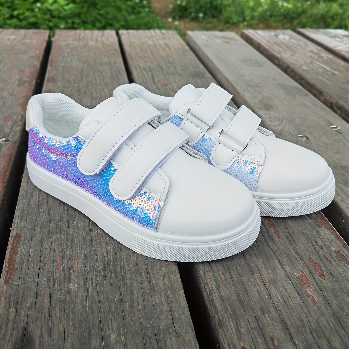 Girls' Glitter Sequin Sneakers with Closure White Sparkly Casual Shoes  for to Teen, Breathable PU Upper TPR Sole for Walking, Running,