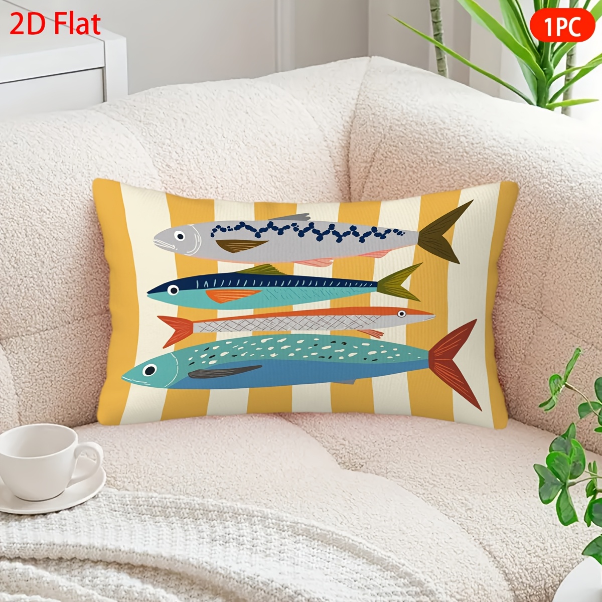 TEMU de Cojín Decorativo 2D , 1 Pieza, Diseño de Rayas de Peces, Temática de Felpa Corta, Decora Tipos de Habitaciones, Impresión Cara, Sin Relleno,