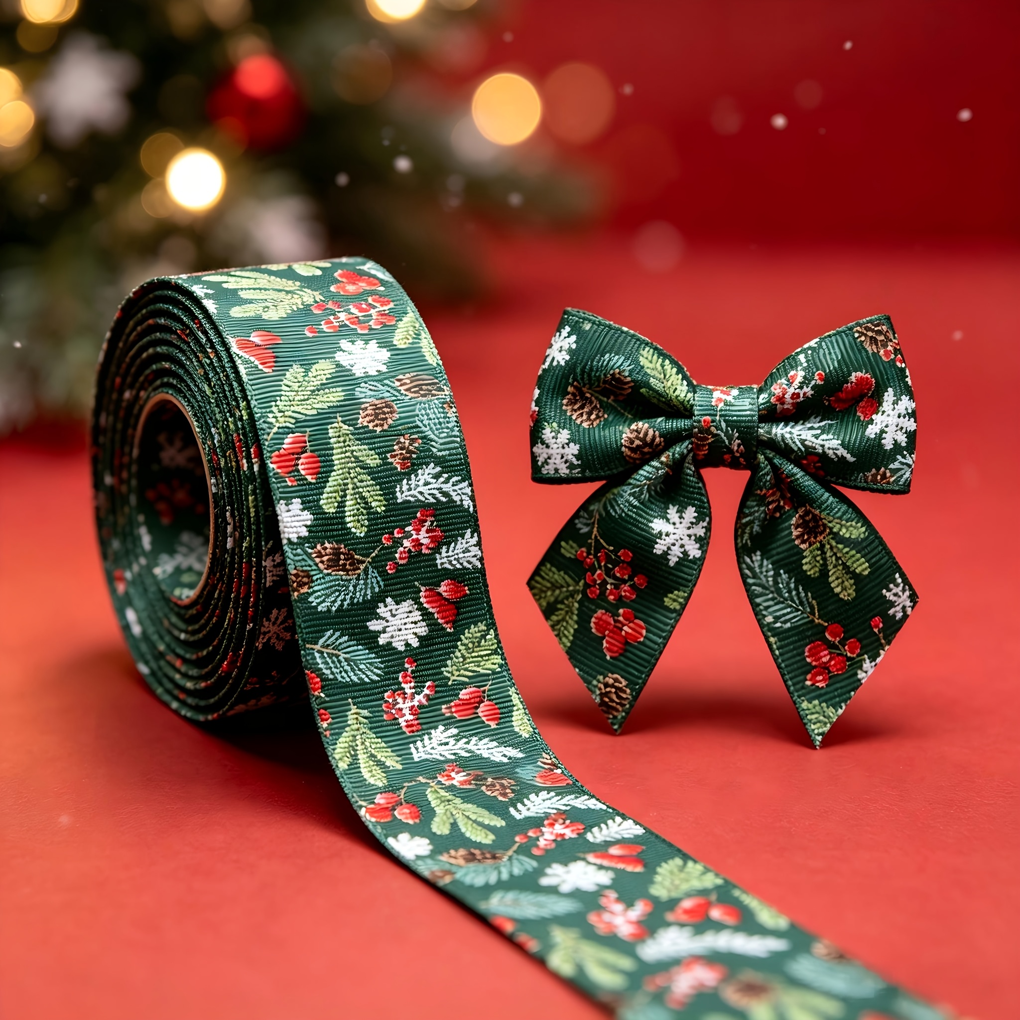 TEMU Ruban de Noël de 2 , élégant et , sur le thème de branche de pin, et de neige, convient pour les accessoires de cheveux DIY, de cadeaux, les