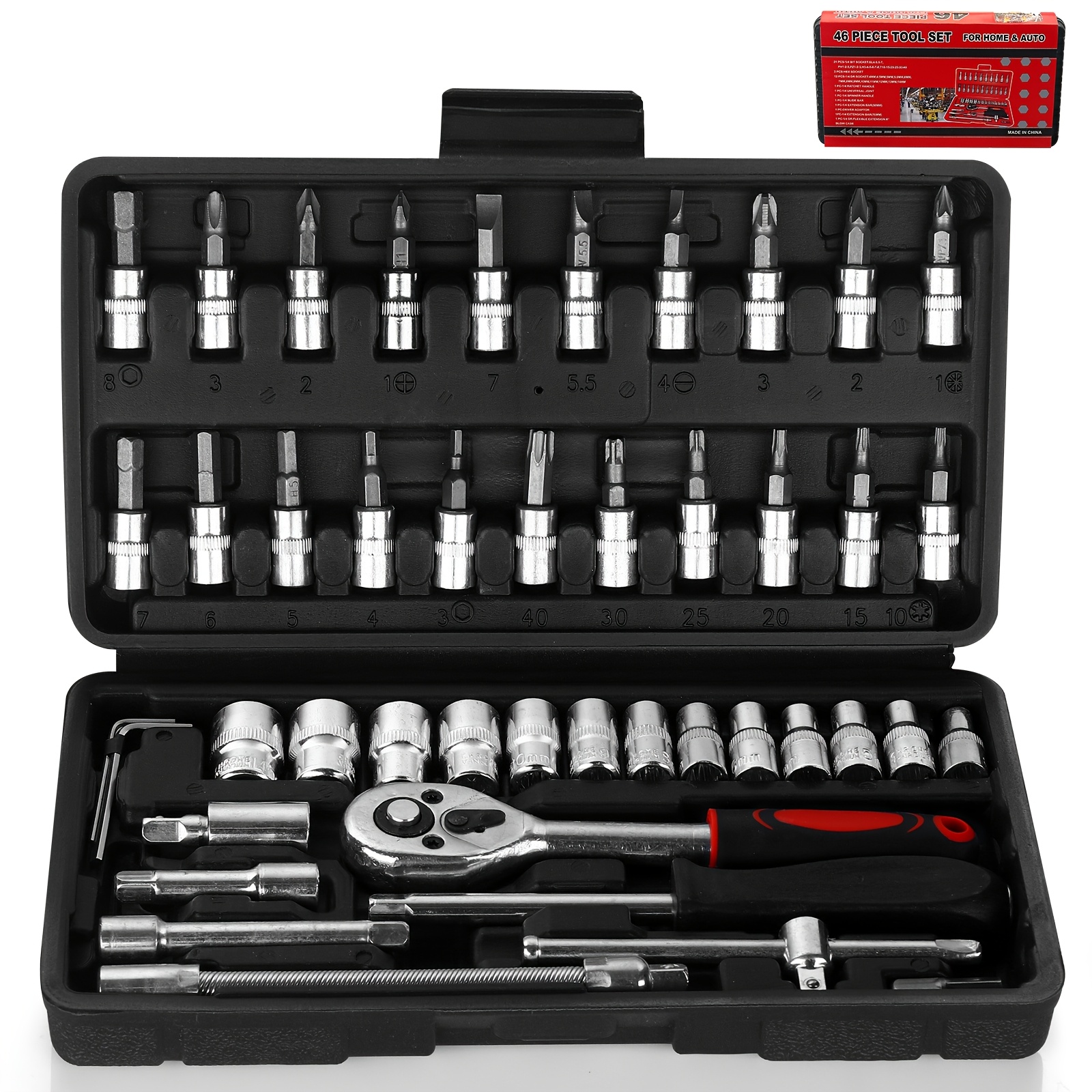 46pcs/set high   repair tool kit, made of durable steel, ratchet torque wrench, wrench, screwdriver, socket set combination, suitable for   tool kit of vehicles, bicycles and motorcycles, without battery details 4