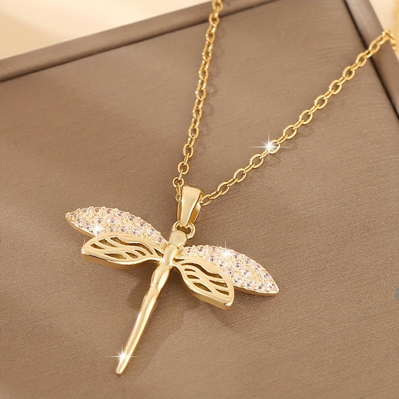Image of 1 Luxurious Copper-set Synthetic Zirconia Dragonfly Pendant Necklace, Fashionable Vintage Anchor Chain Collarbone Jewelry Gift