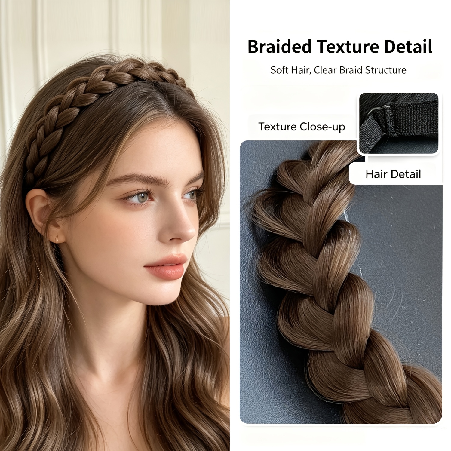 TEMU Women's Elastic Stretch Braided Headband With Elevating Hairpiece Synthetic Hair Fishbone Braids Headband Suitable For Hair Types Halloween
