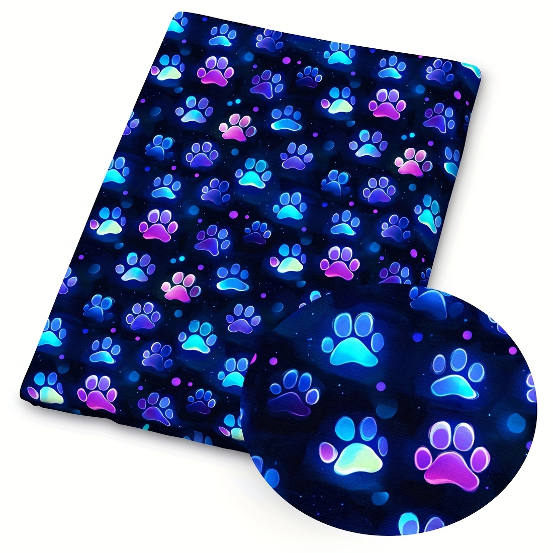 Image of 1 Roll Paw Print Fabric - Pre-cut Large 59 X 19.68 Inches (150 X 50cm) Polyester Fabric - /purple/pink/yellow/ Prints On Dark Blue - Polyester Quilting Cloth For Diy Crafts, Pet Bedding & Tablecloths