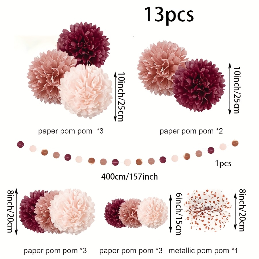 Image of Bachelorette Party Decorations - 13 Burgundy Rose Golden Pom Pom Circle Garland Decor Set For Valentine's Day, Engagement, Wedding, Bridal Shower, Burgundy Birthday Decorations